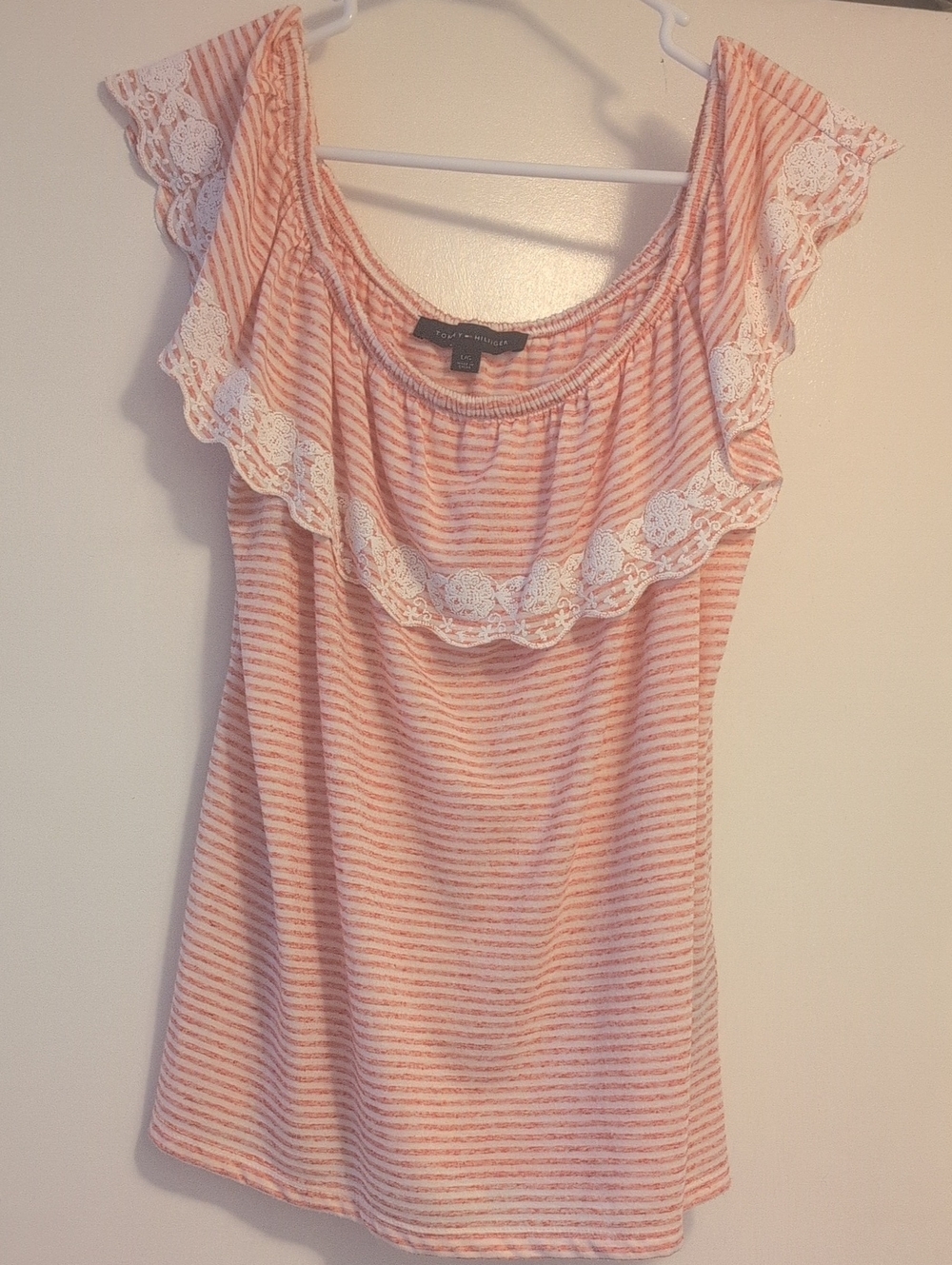 Tommy Hilfiger Peach and White Striped Lace-Trim Tank